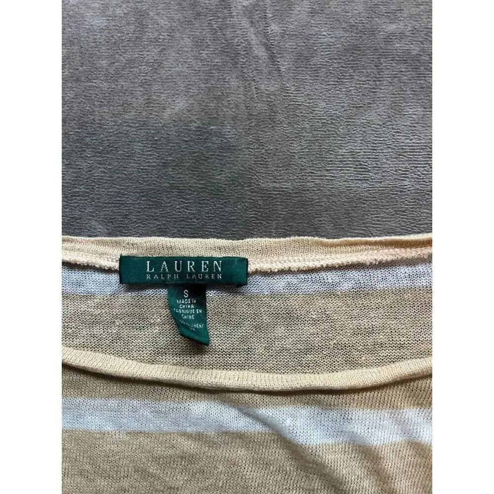Ralph Lauren WOMEN Small LONG SLEEVE‎ SHIRT White Tan Knit Button Sleeves